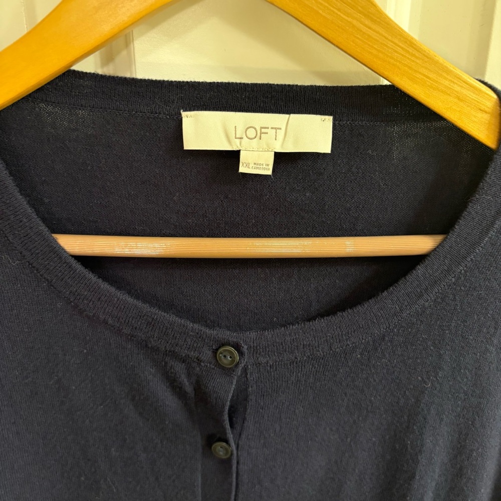 LOFT navy blue short sleeved crew neck cardigan, 100% cotton, lightweight, XXL - Picture 2 of 5
